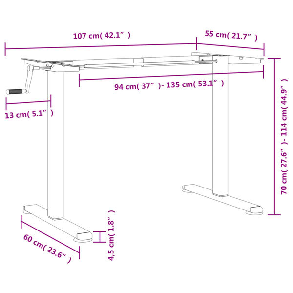 vidaXL Σκελετός Όρθιου Γραφείου Λευκός (94-135)x60x(70-114) εκ. Ατσάλι