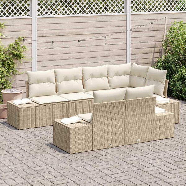 vidaXL Σετ Καναπέ Κήπου με μαξιλάρι 7 pcs μπεζ και κρεμ Πολυ ράταν