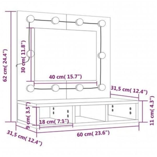 vidaXL Έπιπλο Καθρέπτη με LED Sonoma Δρυς 60 x 31,5 x 62 εκ.