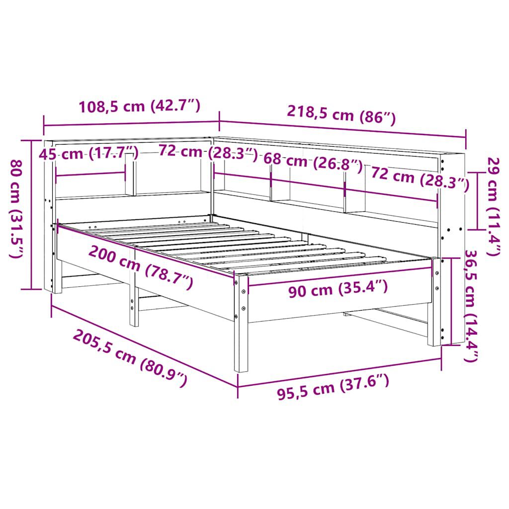vidaXL Κρεβάτι Βιβλιοθήκη Χωρίς Στρώμα 90x200 εκ Μασίφ Ξύλο Πεύκου