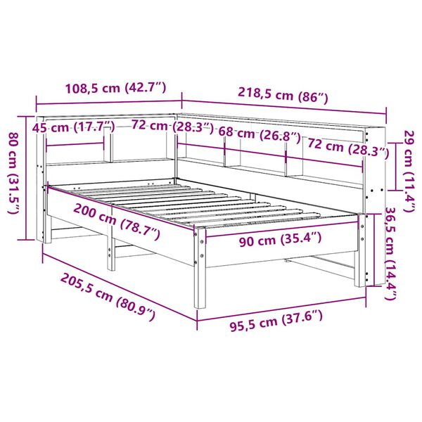 vidaXL Κρεβάτι Βιβλιοθήκη Χωρίς Στρώμα 90x200 εκ Μασίφ Ξύλο Πεύκου