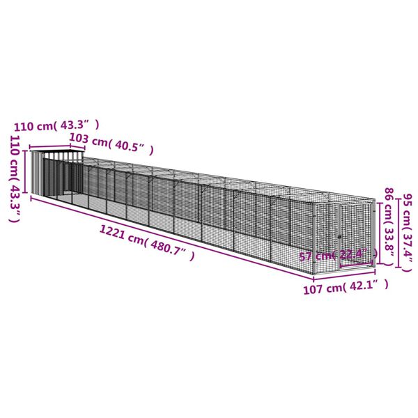vidaXL Σπιτάκι Σκύλου με Αυλή Ανθρακί 110x1221x110 εκ. Γαλβαν. Χάλυβας