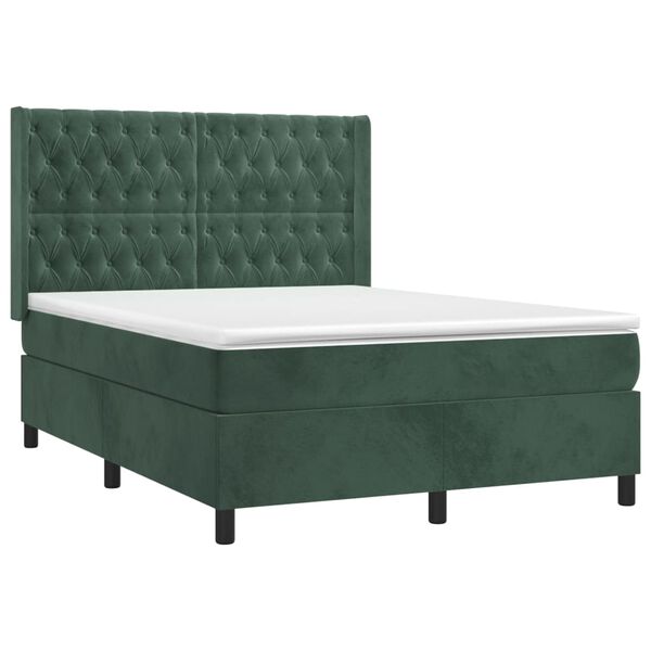 vidaXL Κρεβάτι Boxspring με Στρώμα Σκούρο Πράσινο 140x190εκ. Βελούδινο