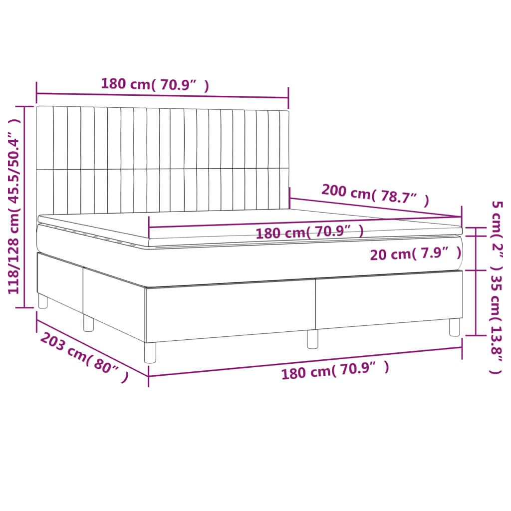 vidaXL Κρεβάτι Boxspring με Στρώμα & LED Κρεμ 180x200 εκ. Υφασμάτινο
