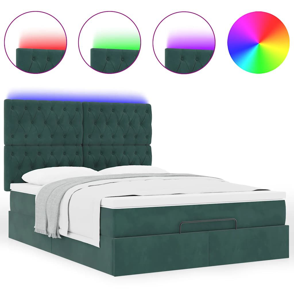 vidaXL Οθωμανικό κρεβάτι με στρώματα & LEDs Σκούρο πράσινο Βελούδο