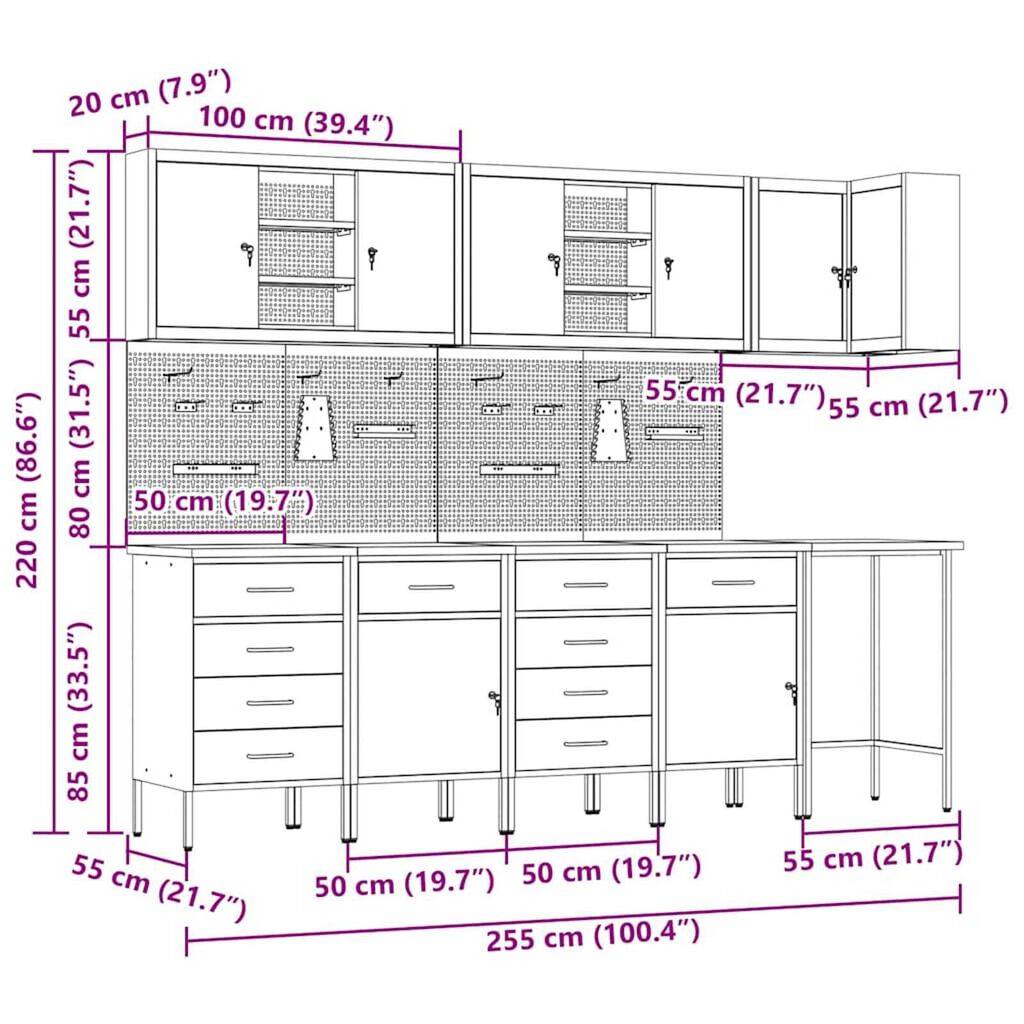 vidaXL Ντουλάπα εργαλείων με συρτάρι 12 pcs Μαύρο 255 x 55 x 220 εκ