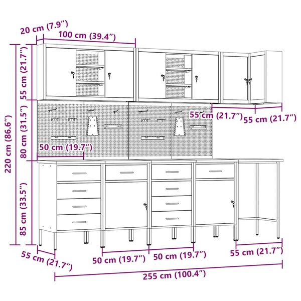 vidaXL Ντουλάπα εργαλείων με συρτάρι 12 pcs Μαύρο 255 x 55 x 220 εκ