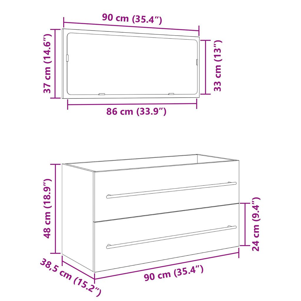 vidaXL Ντουλάπα με Καθρέφτη Μαύρη Βελανιδιά 90x45x1,5 εκ. Κατασκευασμένο Ξύλο