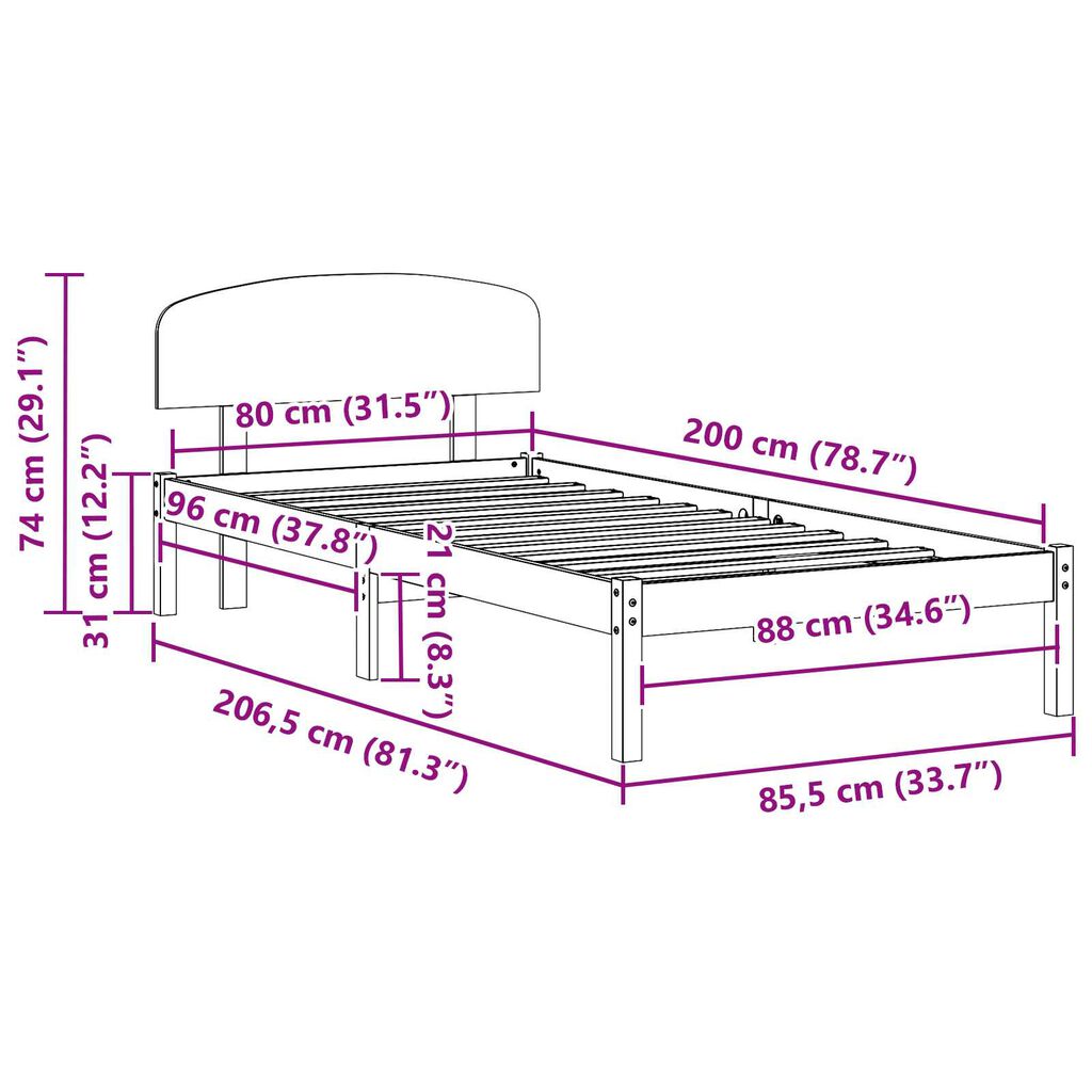 vidaXL Πλαίσιο Κρεβατιού με Κεφαλάρι 80x200 εκ Μασίφ Ξύλο Πεύκο