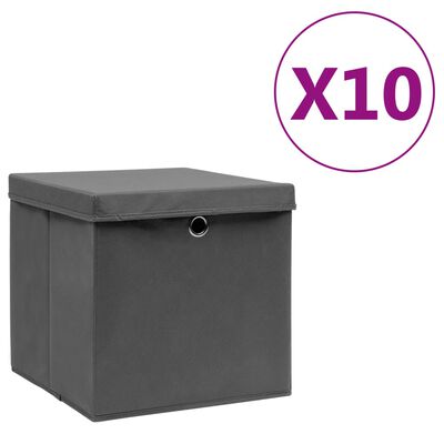 vidaXL Κουτιά Αποθήκευσης με Καπάκια 10 τεμ. Γκρι 28 x 28 x 28 εκ.