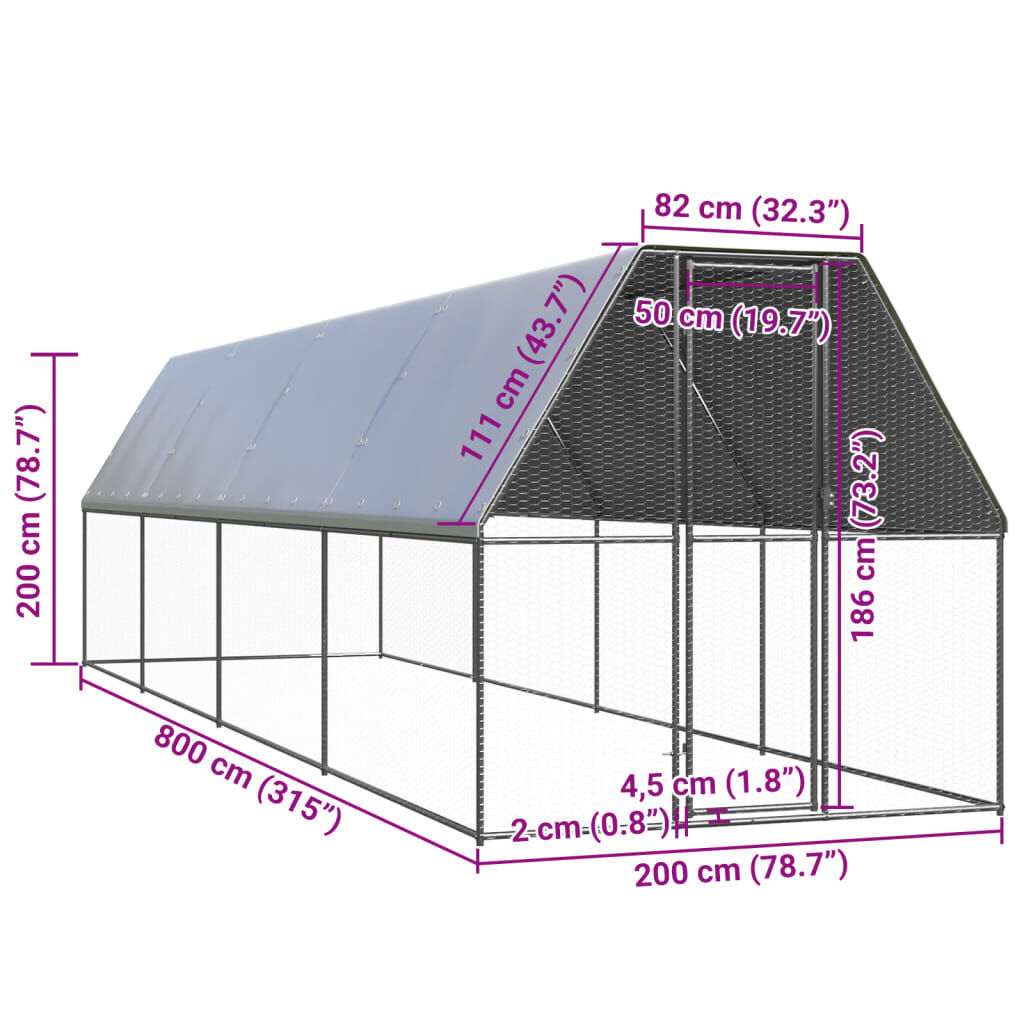 vidaXL Κοτέτσι - Κλουβί Εξωτ. Χώρου 2x8x2 μ. από Γαλβανισμένο Χάλυβα