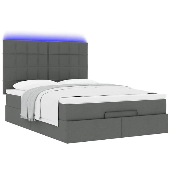 vidaXL Οθωμανικό κρεβάτι με στρώμα & LEDs Σκούρο γκρι 140x190cm Ύφασμα