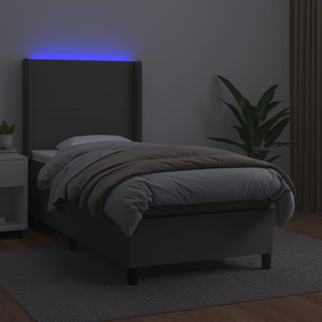 vidaXL Κρεβάτι Boxspring με Στρώμα & LED Γκρι 90x190 εκ. Συνθ. Δέρμα