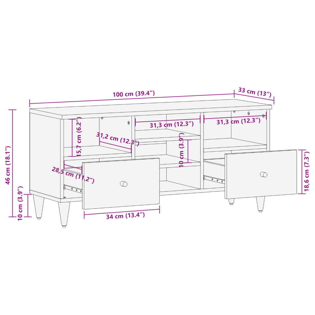 vidaXL Έπιπλο Τηλεόρασης 100 x 33 x 46 εκ. από Μασίφ Ξύλο Μάνγκο