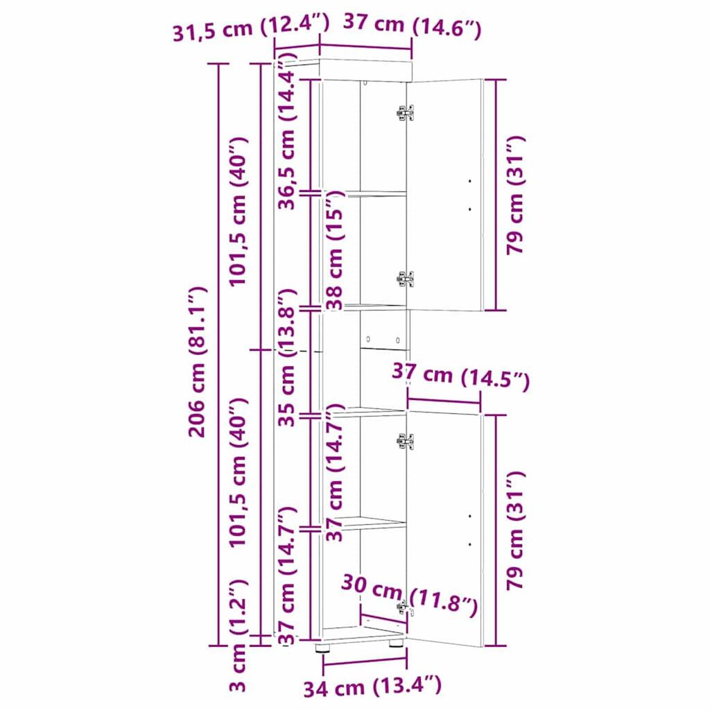 vidaXL Ντουλάπι Μπάνιου με αποθήκευση Sonoma Δρυς 37 x 31.5 x 203 εκ