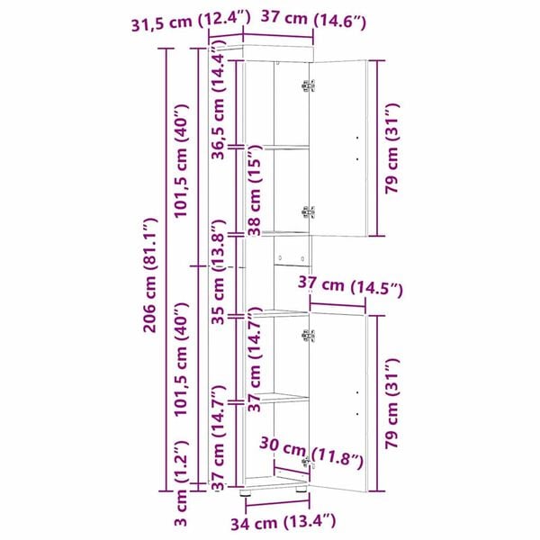 vidaXL Ντουλάπι Μπάνιου με αποθήκευση Sonoma Δρυς 37 x 31.5 x 203 εκ