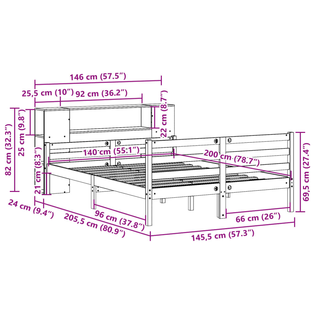 vidaXL Κρεβάτι Βιβλιοθήκη Χωρίς Στρώμα 140x200 εκ Μασίφ Ξύλο Πεύκο