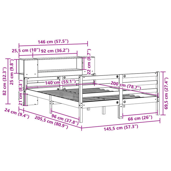 vidaXL Κρεβάτι Βιβλιοθήκη Χωρίς Στρώμα 140x200 εκ Μασίφ Ξύλο Πεύκο