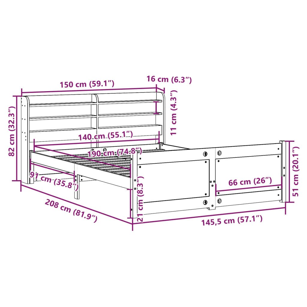 vidaXL Πλαίσιο Κρεβατιού με Κεφαλάρι 140 x 190 εκ. Μασίφ Πεύκο