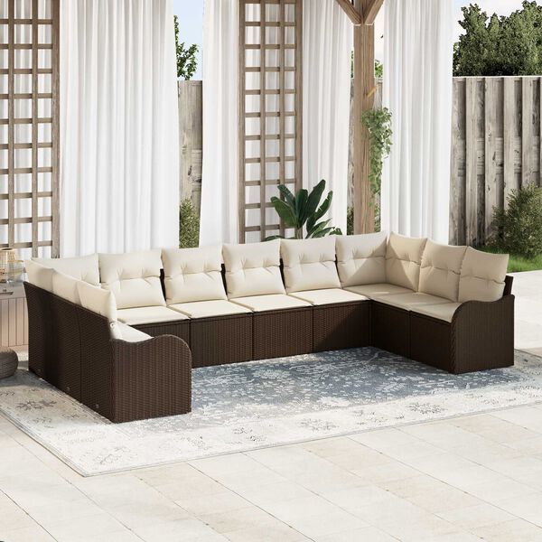 vidaXL Σετ Καναπέ Κήπου με μαξιλάρι 10 pcs Καφέ και λευκό Πολυ ράταν