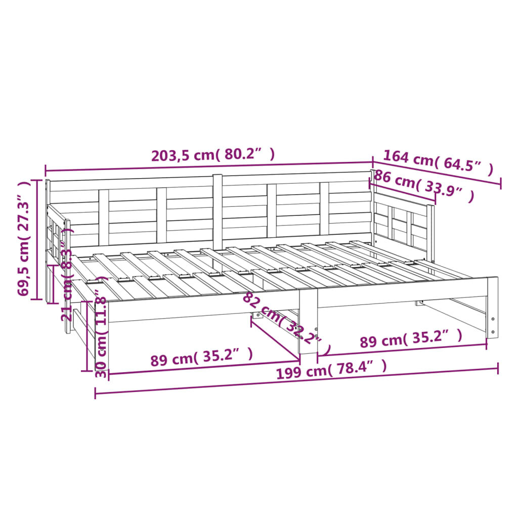 vidaXL Καναπές Κρεβάτι Συρόμενος Μαύρος 2x(80x200) εκ. από Μασίφ Πεύκο