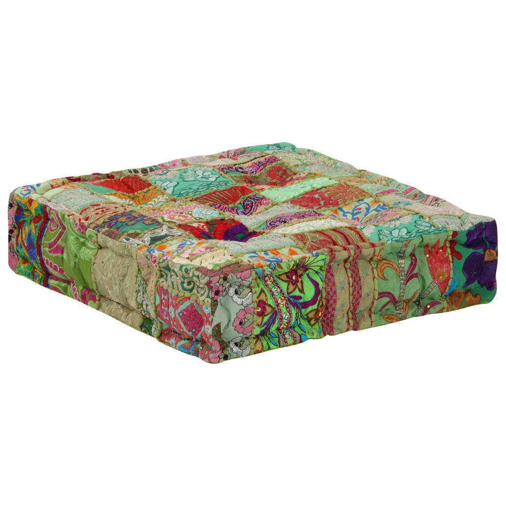 vidaXL Πουφ Patchwork Τετράγωνο Χειροπ. Πράσινο 50x50x12 εκ. Βαμβάκι