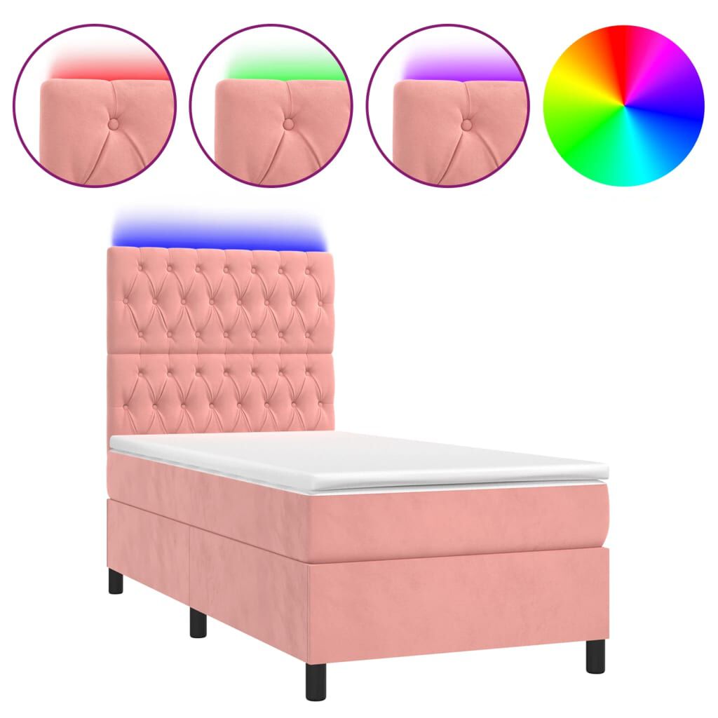 vidaXL Κρεβάτι Boxspring με Στρώμα & LED Ροζ 90x190 εκ. Βελούδινο