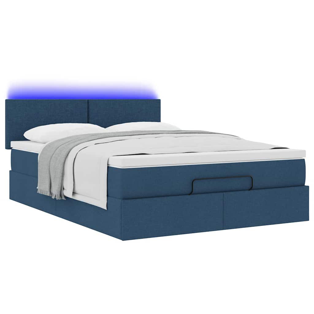 vidaXL Οθωμανικό κρεβάτι με στρώμα & LEDs Μπλε 140x190cm Ύφασμα