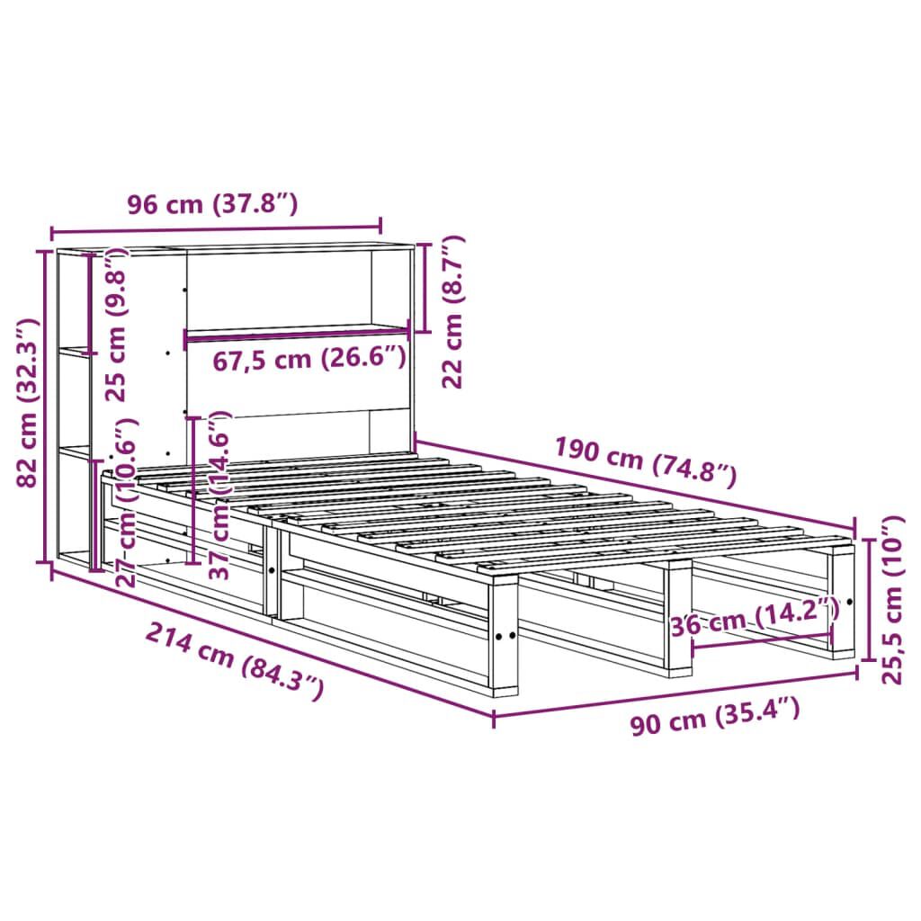 vidaXL Κρεβάτι Βιβλιοθήκη Χωρίς Στρώμα Καφέ 90x190 εκ Μασίφ Πεύκο