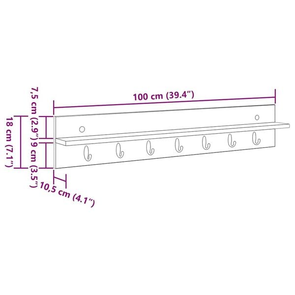 vidaXL Τοίχου Κρεμάστρα Λευκό 100 x 10.5 x 18 εκ Επεξεργασμένο ξύλο