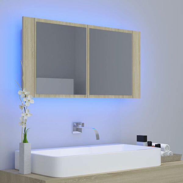 vidaXL Ντουλάπι Μπάνιου με Καθρέφτη & LED Sonoma Δρυς Ακρυλικός