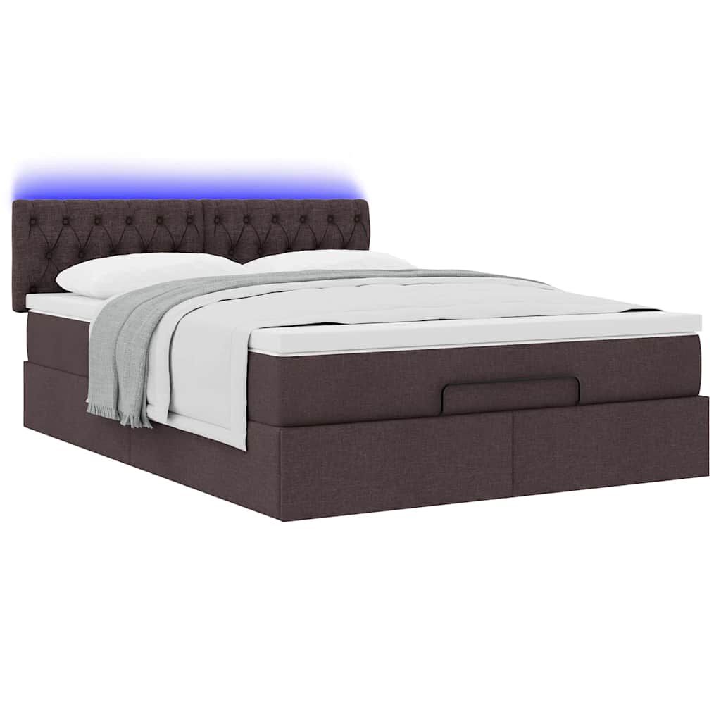 vidaXL Οθωμανικό κρεβάτι με στρώμα & LEDs Σκούρο καφέ 140x190cm Ύφασμα