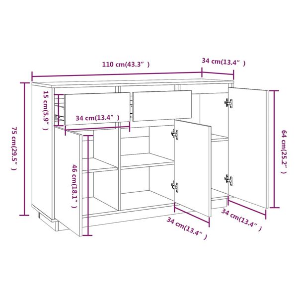 vidaXL Μπουφές 110 x 34 x 75 εκ. από Μασίφ Ξύλο Πεύκου