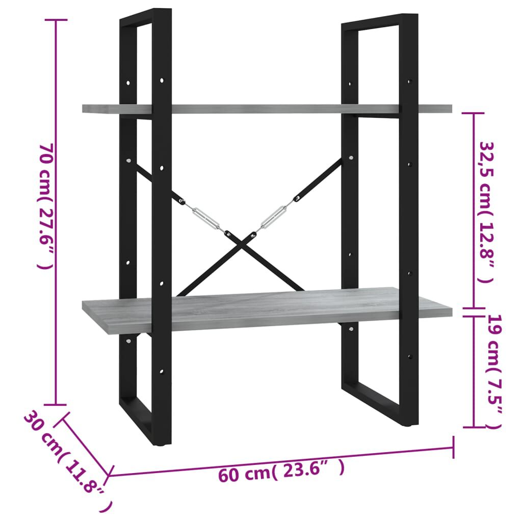 vidaXL Βιβλιοθήκη με 2 Ράφια Γκρι Sonoma 60x30x70 εκ. Επεξεργ. Ξύλο