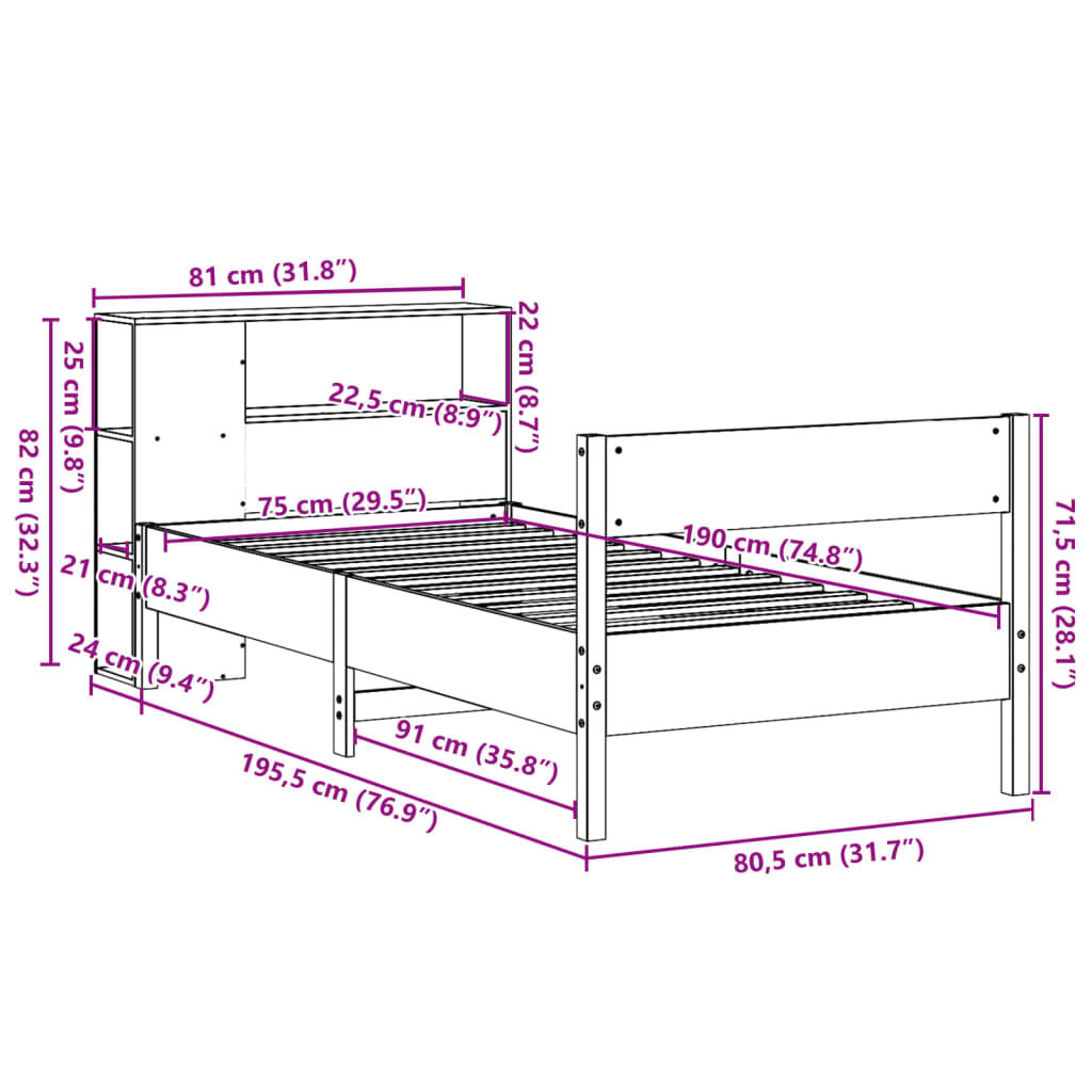 vidaXL Κρεβάτι Βιβλιοθήκη Χωρίς Στρώμα 75x190 εκ Μασίφ Ξύλο Πεύκου