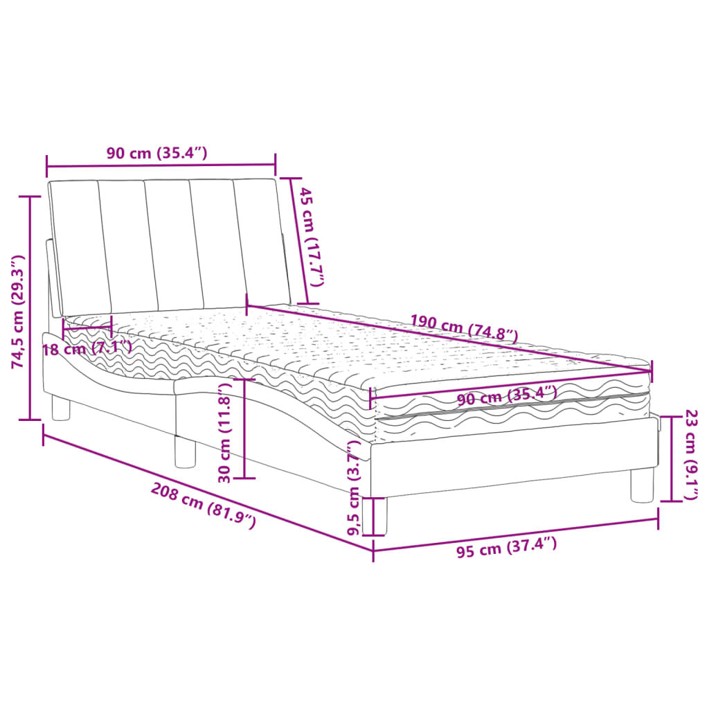 vidaXL Κρεβάτι με Στρώμα Σκούρο Γκρι 90x190 εκ. Βελούδινο