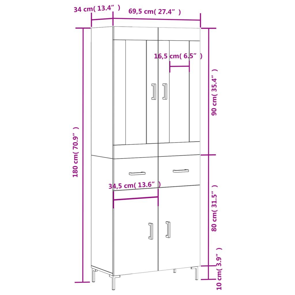 vidaXL Ντουλάπι Γκρι Σκυροδέματος 69,5x34x180 εκ. Επεξεργασμένο Ξύλο