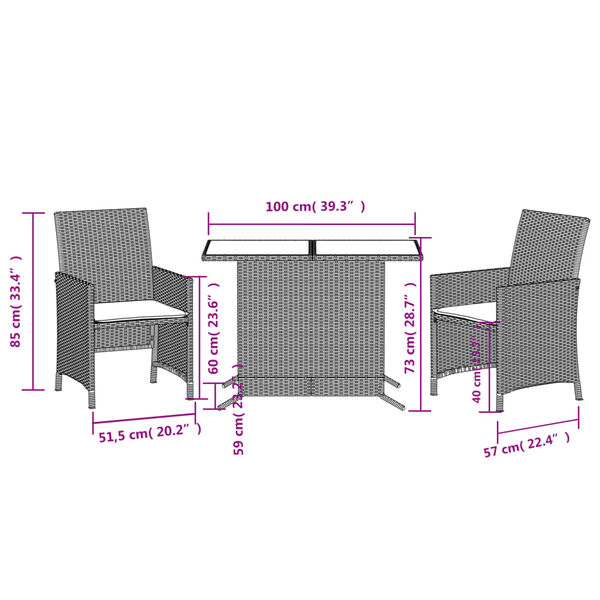 vidaXL Σετ Επίπλων Bistro 3 τεμ. Αν. Γκρι Συνθετικό Ρατάν με Μαξιλάρια