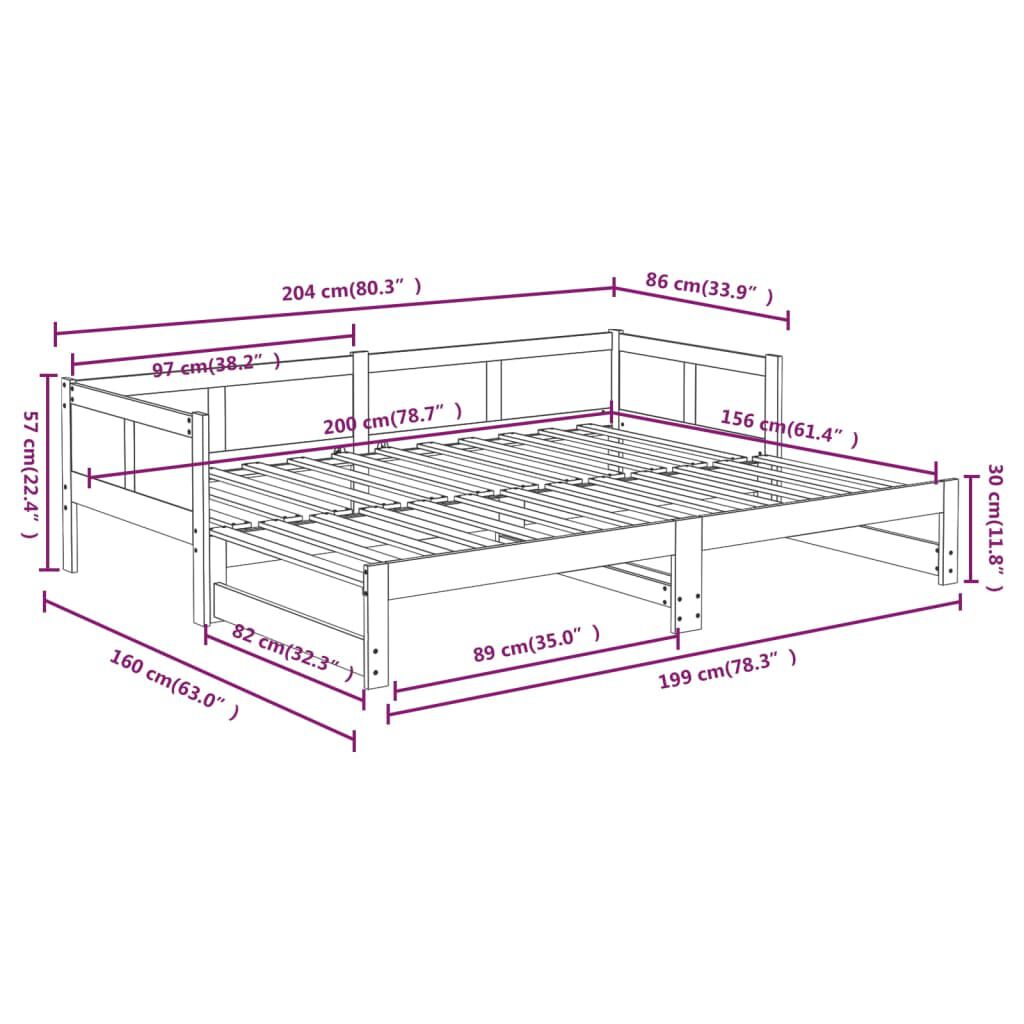 vidaXL Καναπές Κρεβάτι Συρόμενος Μαύρος 2x(80x200) εκ. από Μασίφ Πεύκο