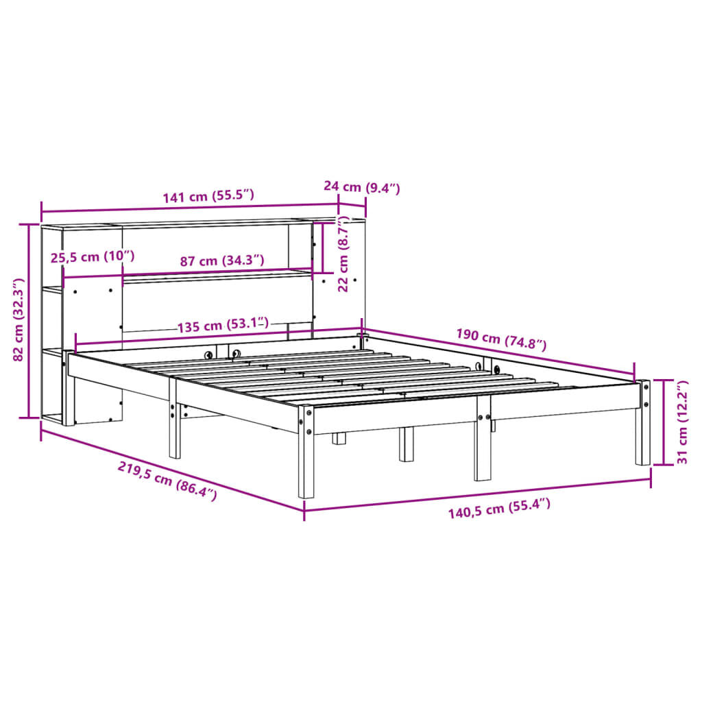 vidaXL Κρεβάτι Βιβλιοθήκη Χωρίς Στρώμα 135x190 εκ Μασίφ Ξύλο Πεύκου