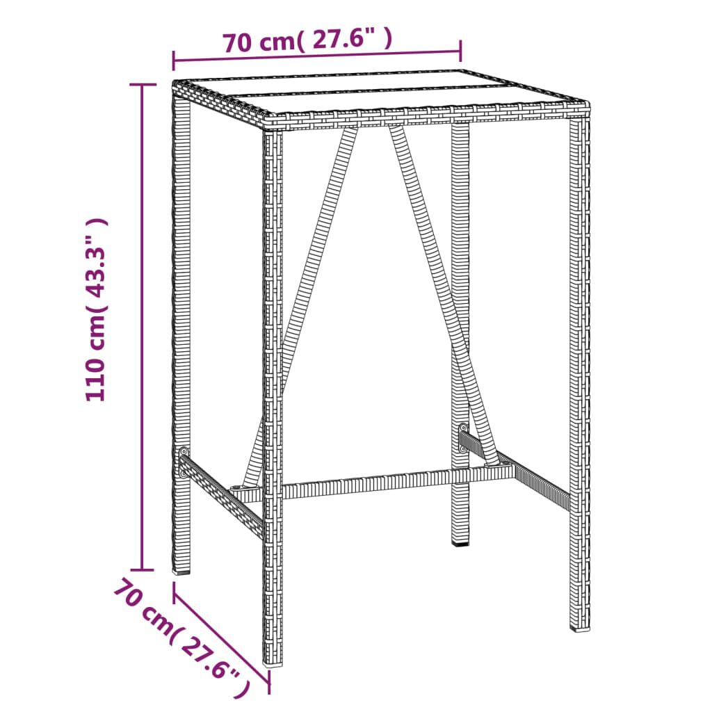 vidaXL Τραπέζι Μπαρ με Γυάλ. Επιφάνεια Μαύρο 70x70x110 εκ. Συνθ. Ρατάν