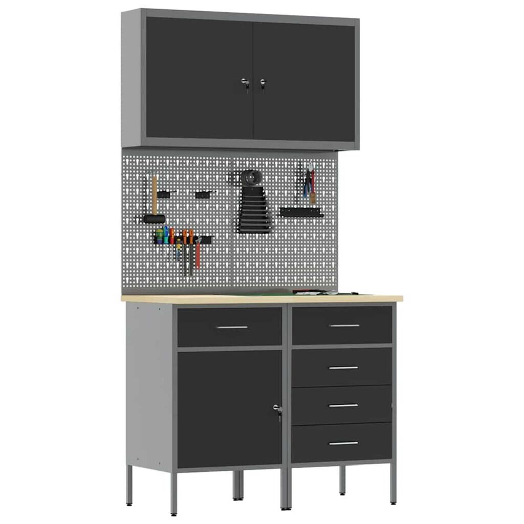 vidaXL Πάγκος εργασίας με συρτάρι 5 pcs Μαύρο 100 x 55 x 200 εκ Ατσάλι