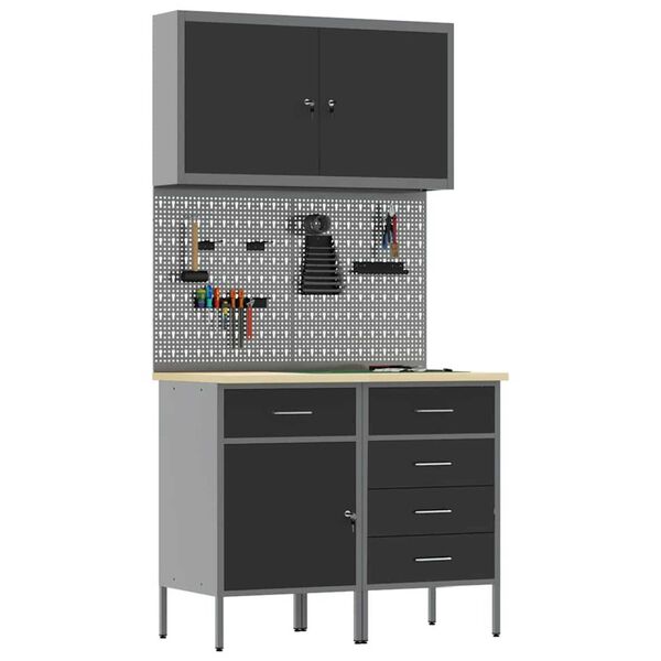 vidaXL Πάγκος εργασίας με συρτάρι 5 pcs Μαύρο 100 x 55 x 200 εκ Ατσάλι