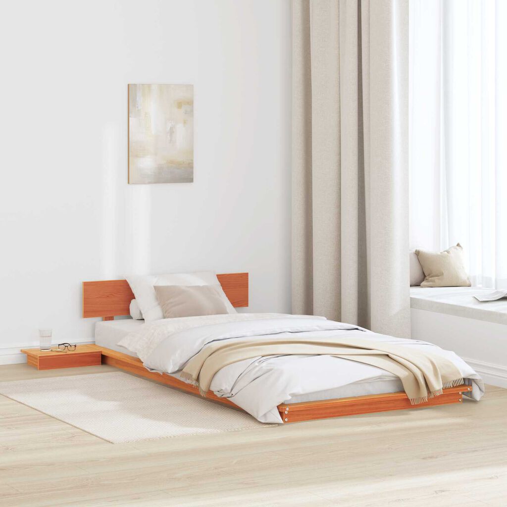 vidaXL Κρεβάτι Πλατφόρμα με Κομοδίνα Καφέ 75x190 εκ. Μασίφ Ξύλο