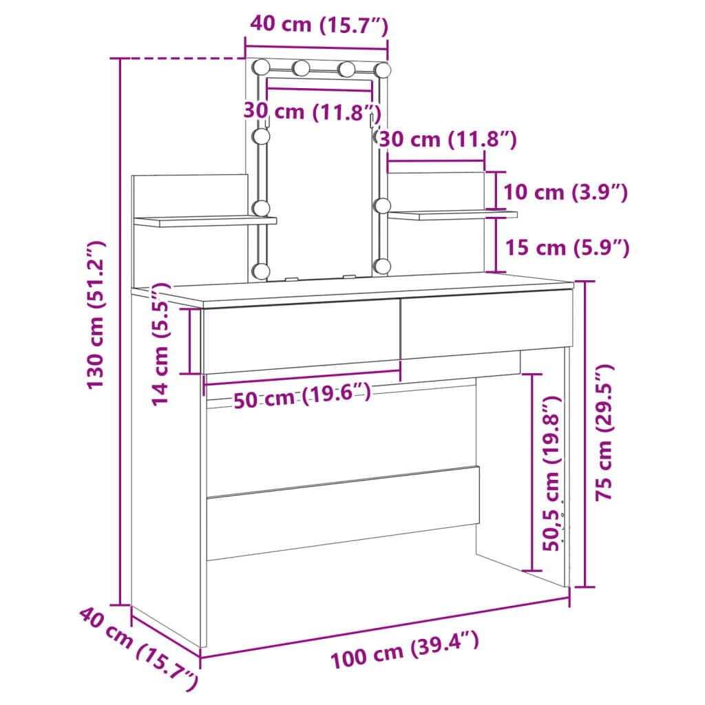 vidaXL Μπουντουάρ με LED Μαύρο 100x40x130 εκ.