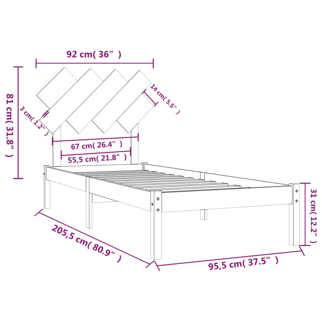 vidaXL Πλαίσιο Κρεβατιού 90 x 200 εκ. από Μασίφ Ξύλο