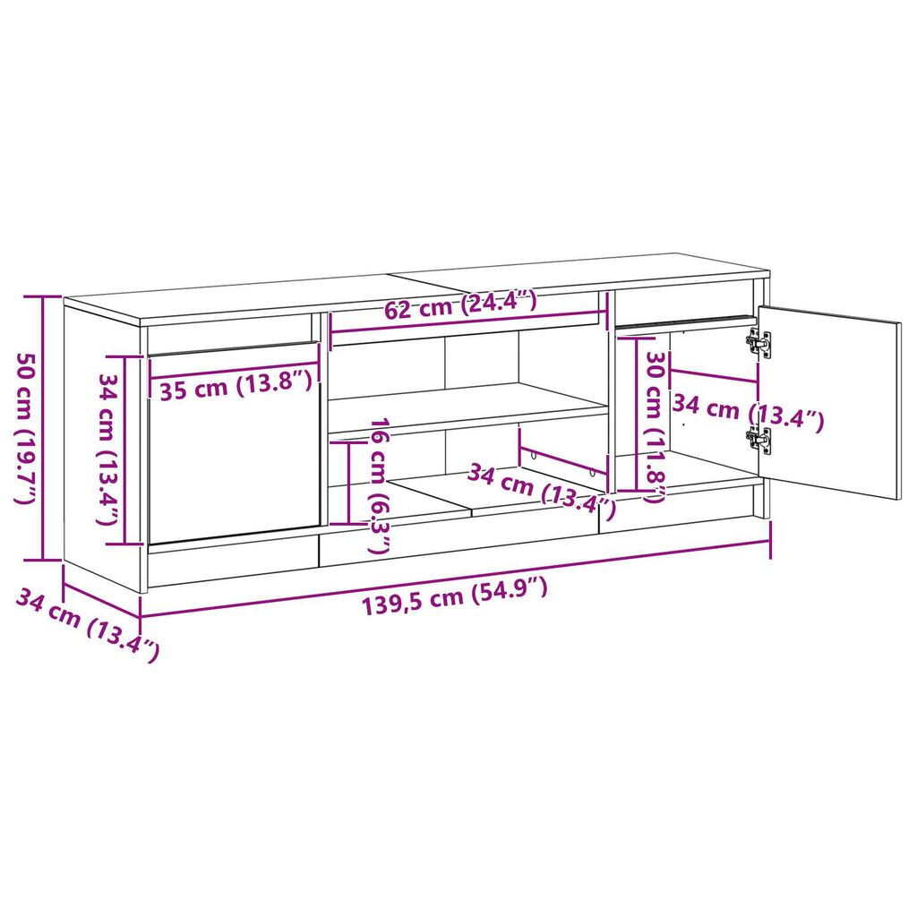 vidaXL Κονσόλα TV με LED Artisan Oak 139.5x34x50 cm Επεξεργασμένου Ξύλου