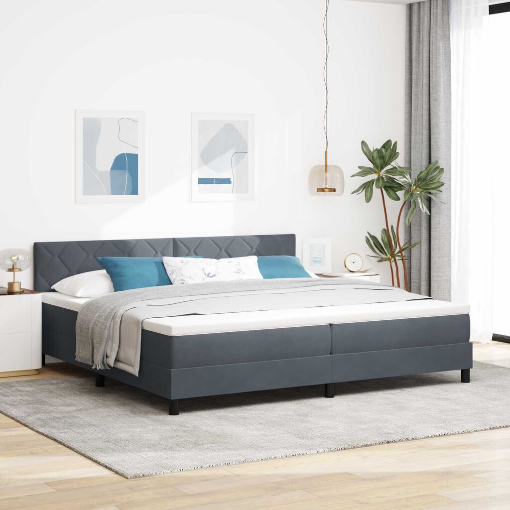 vidaXL Κρεβάτι Box Spring με Ματράς & LED Σκούρο Γκρι 200x200 εκ. Βελούδο