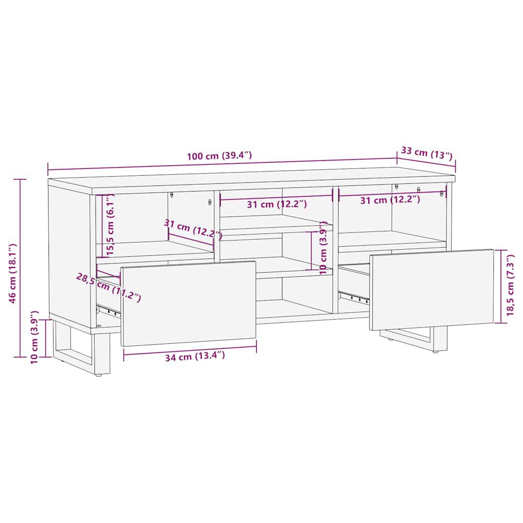 vidaXL Έπιπλο Τηλεόρασης Μαύρο 100 x 33 x 46 εκ. από Μασίφ Ξύλο Μάνγκο
