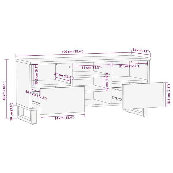 vidaXL Έπιπλο Τηλεόρασης Μαύρο 100 x 33 x 46 εκ. από Μασίφ Ξύλο Μάνγκο